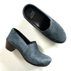 Dansko Mavis Blue Snake Print Nubuck Leather Clogs